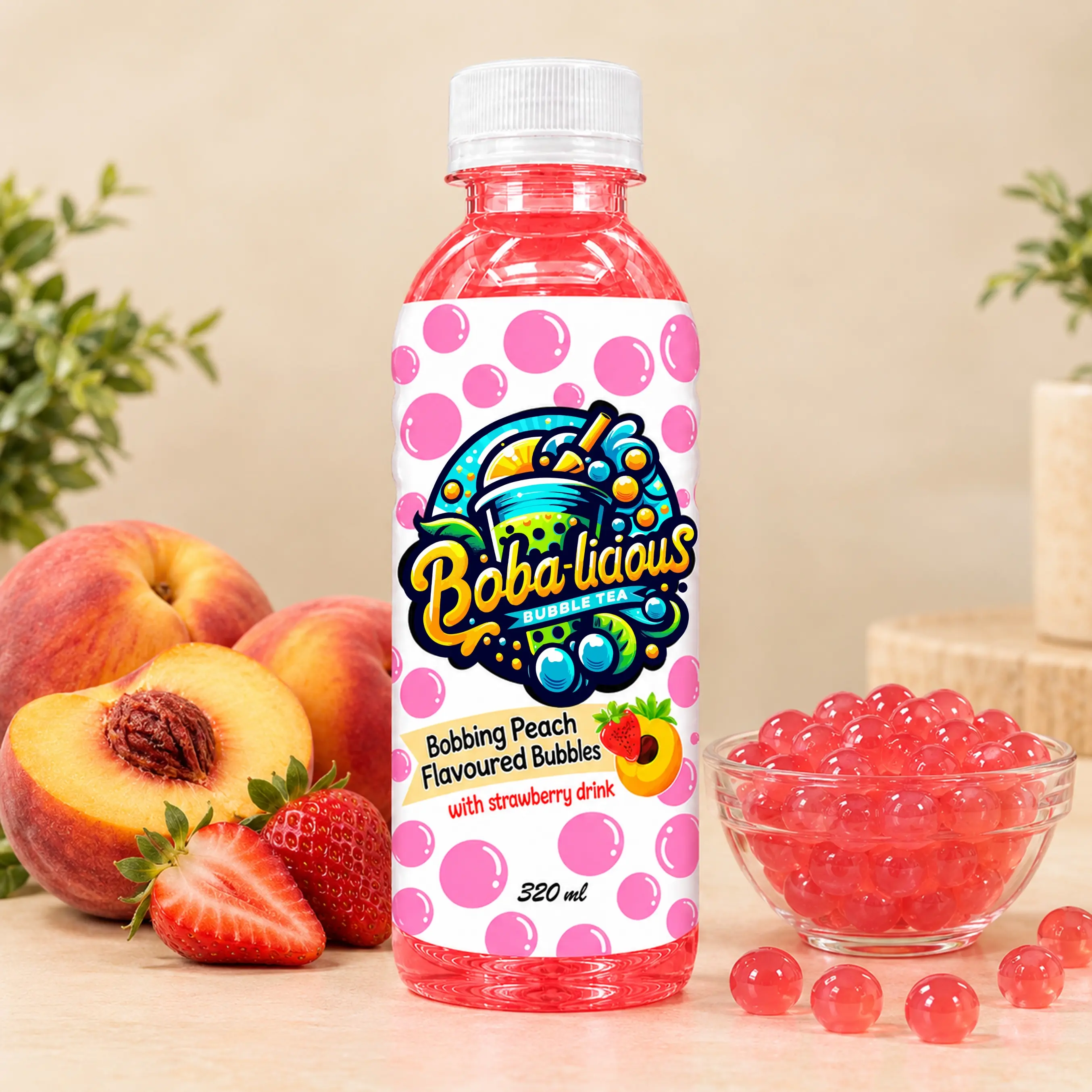 BUBBLE TEA Boba-licious 320 ml bottle with peach flavoured bubbles, strawberry drink, fresh peaches, strawberries and popping boba.